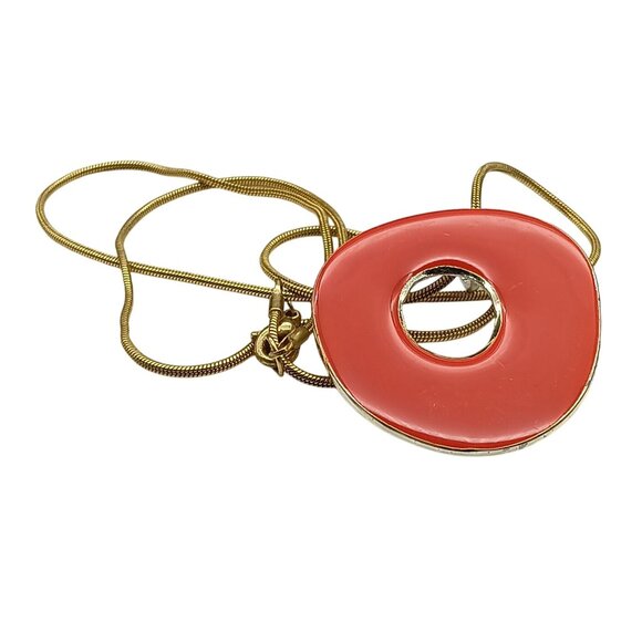 Vintage Gold-Tone Snake Chain Necklace with Red Enamel Abstract Pendant - Picture 2 of 3